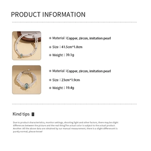 Detailed size and material specification chart for the pearl and zircon jewelry set