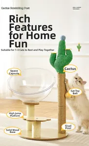 Macro detail of cactus cat tree with sisal scratching posts and clear space capsule bed