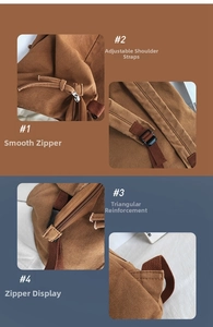 Detail view of smooth metal zippers and reinforced triangular stitching on canvas backpack