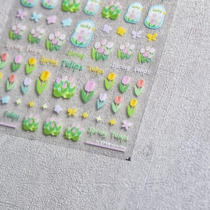 Spring tulip nail stickers with butterfly and lucky text on transparent PET backing