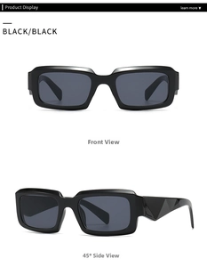 Detaillierte Vorder- und Seitenansicht der modernen rechteckigen Sonnenbrille mit geometrischen Bügeln