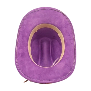 Detailed interior of the purple felt cowboy hat showing the sweatband and suede texture