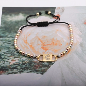 Adjustable black rope bracelet with rainbow beads and rhinestone letter C lock pendant