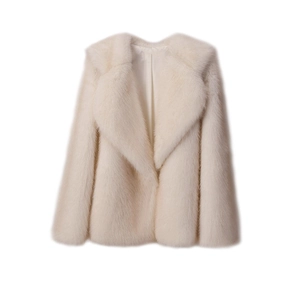 Close-up of white faux fur coat featuring wide lapels and soft shaggy texture