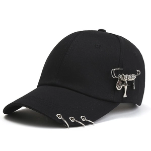 Street Style Cotton Baseball Cap With Metal Rings And Safety Pin Pendant Fashion Punk Hip Hop Adjustable Sun Hat Unisex