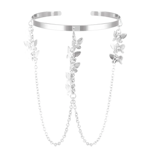Silver arm cuff featuring elegant butterfly charms on long dangling chains
