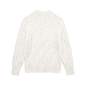 Eleganter weißer Zopfstrickpullover für Damen mit funkelnden Pailletten und Rippbündchen