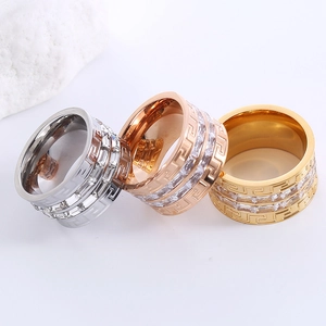 Three-color double-row diamond stainless steel rings with Greek key design pattern
