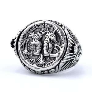 Vintage silver stainless steel ring with Egyptian skull portrait and embossed tribal relief