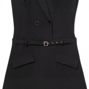 Women's black mini blazer dress featuring a stylish lapel and a gold metal buckle belt