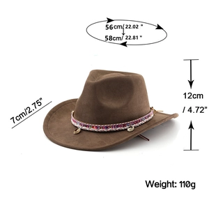 Detailed dimensions of brown suede cowboy hat with shell band showing 7cm brim and 12cm height