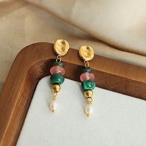 Baroque style gold tassel earrings with natural malachite beads and water drop pearls