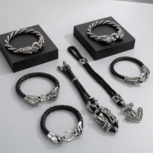 Dragon Tiger Head Anchor Men Bracelet Braided Leather Cord Titanium Steel Punk Retro Gothic Biker Jewelry Accessory