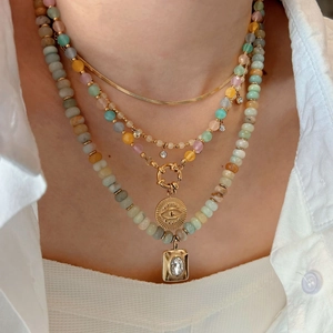 Layered Beaded Necklace Stainless Steel Natural Stone Evil Eye Square Zircon Pendant Bohemian Fashion Jewelry For Women