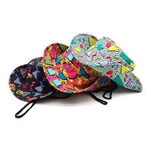 Three outdoor bucket hats with colorful geometric Memphis patterns and adjustable wind ropes