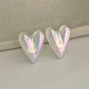 Irregular Heart Stud Earrings With 925 Sterling Silver Earring Post Iridescent Mermaid Luster Aurora Sweet Korean Style