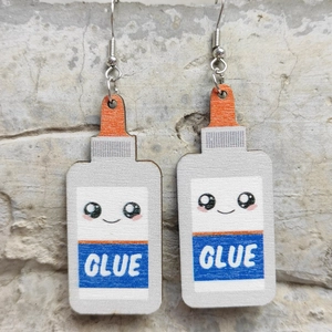 Cute wooden teacher earrings in the shape of a glue bottle with blue labels