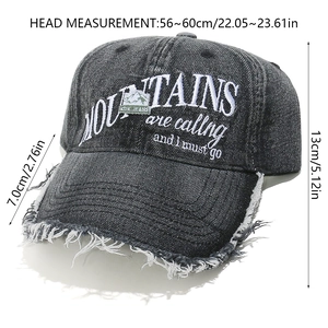 Detailed size measurement of washed denim baseball cap with mountains slogan embroidery