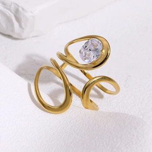 Macro shot of 18k gold plated stainless steel multi-layer ring with oval zircon
