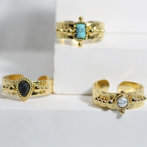 Vintage Stainless Steel 18K Gold Plated Open Ring For Women Hammered Texture Adjustable Band Ring Bohemian Style Jewelry