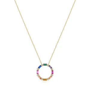 925 Sterling Silver Necklace With Rainbow Cubic Zirconia Circle Pendant For Women Geometric Minimalist Jewelry