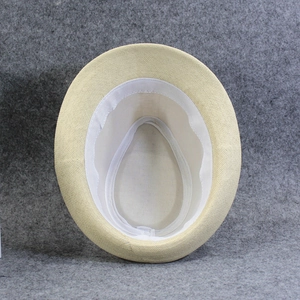 Detail showing the inner structure and sweatband of this straw fedora sun hat