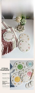 Detailed comparison of four sizes of woven cotton heat-resistant mats with floral prints