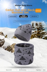 Detail of grey winter knit beanie and neck warmer set with warm thick fleece lining
