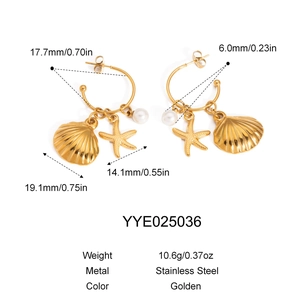Detailed dimensions of gold starfish shell earrings with pearl in stainless steel