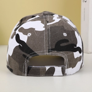 Detail view of camouflage baseball cap featuring adjustable hook and loop closure strap
