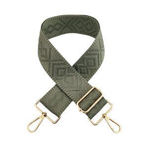 Close-up of olive green woven wide strap with gold metal lobster clasps and adjustment buckle