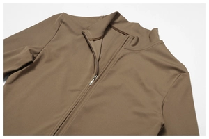 Detail of the high-stretch taupe sports jacket with durable zipper and stand collar