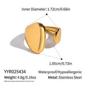 Detailed view of golden irregular pebble open ring with size and weight dimensions