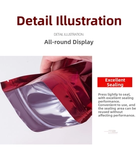 Detailed close-up of red aluminum foil ziplock bag showing resealable seal mechanism