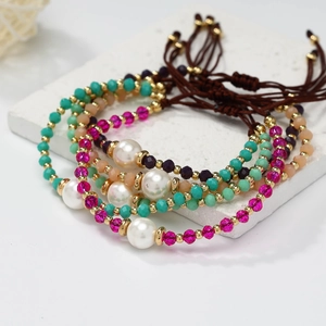 Handmade beaded bracelet set with pearls, crystal glass beads and adjustable cord