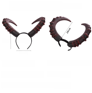 Detail view of red and black devil horn headband with weight and size specifications