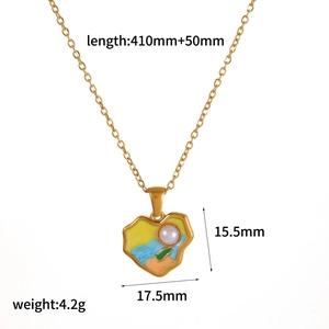 Golden flower necklace with colorful enamel heart pendant and detailed size specifications