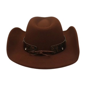 Detailed view of a brown felt cowboy hat with vintage embossed band and silver studs