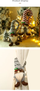 Christmas faceless gnome dolls used as holiday curtain tiebacks with warm led lights