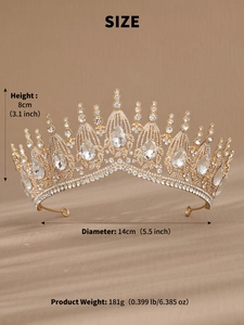 Baroque bridal crown size details: height 8cm and diameter 14cm with weight specs