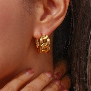Chunky 18K gold plated stainless steel chain link hoop earrings for women on model