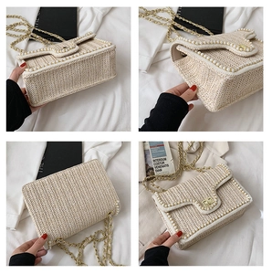 White woven straw crossbody bag with pearl trim and gold chain strap in four-angle view