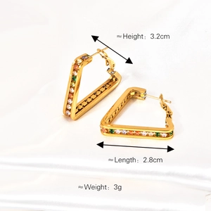 18K gold plated triangular hoop earrings with colorful pavé crystals for women