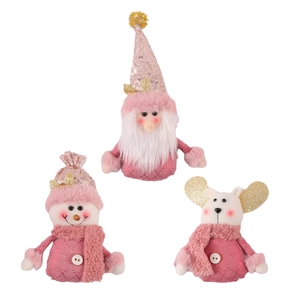 Set of three pink plush Christmas dolls including Santa, snowman, and reindeer figures