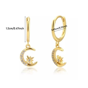 Detail showing golden star and moon hoop earrings with white zircon dimensions 1.2cm x 0.85cm