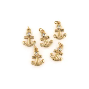 Set of five 18K gold plated anchor pendants with cubic zirconia for DIY jewelry making