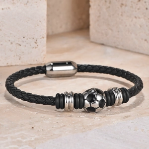 Men Bracelet Braided Leather 316L Stainless Steel Football Bead Magnetic Clasp Layered Sporty Trendy Jewelry
