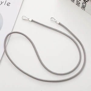 Detail of 6mm grey leather round cord mobile phone strap with silver metal lobster clasps