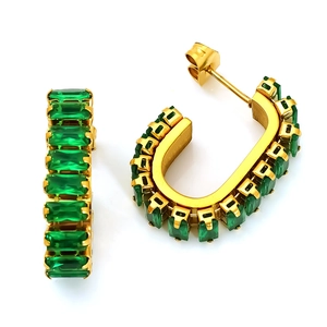 Polished gold stainless steel geometric hoop earrings set with green zircon stones