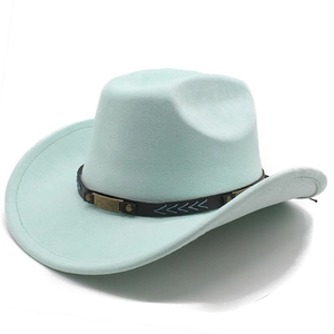 Light blue faux suede jazz hat with a black leather band and metallic accents